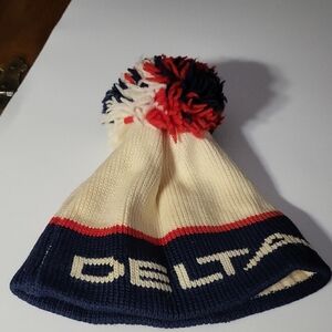 Vintage Delta Ski Club Cream and Navy Knit Hat with Pom